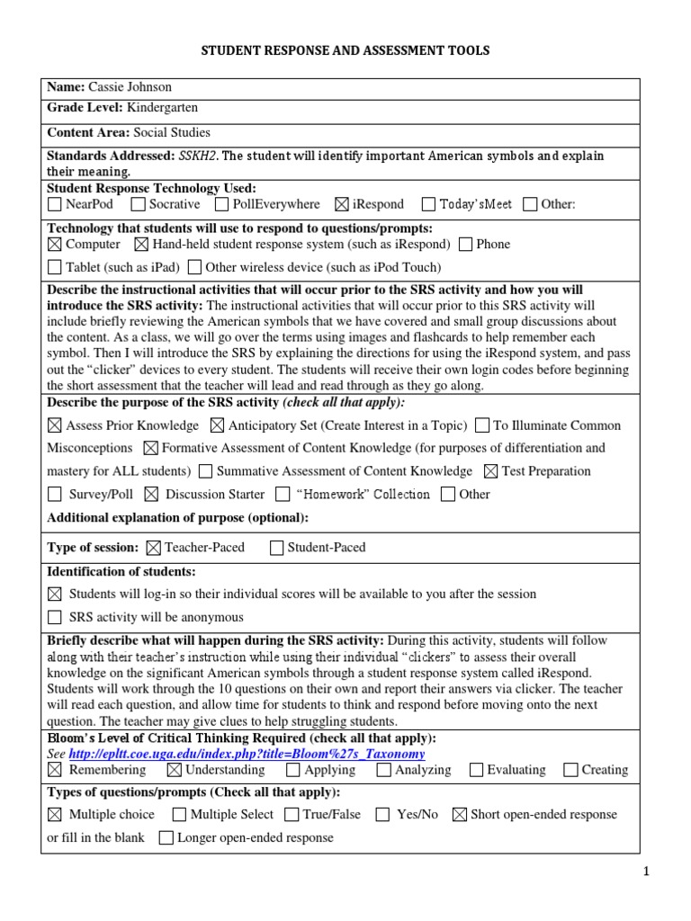 Kindergarten SRS Tools for Social Studies | PDF | Educational ...