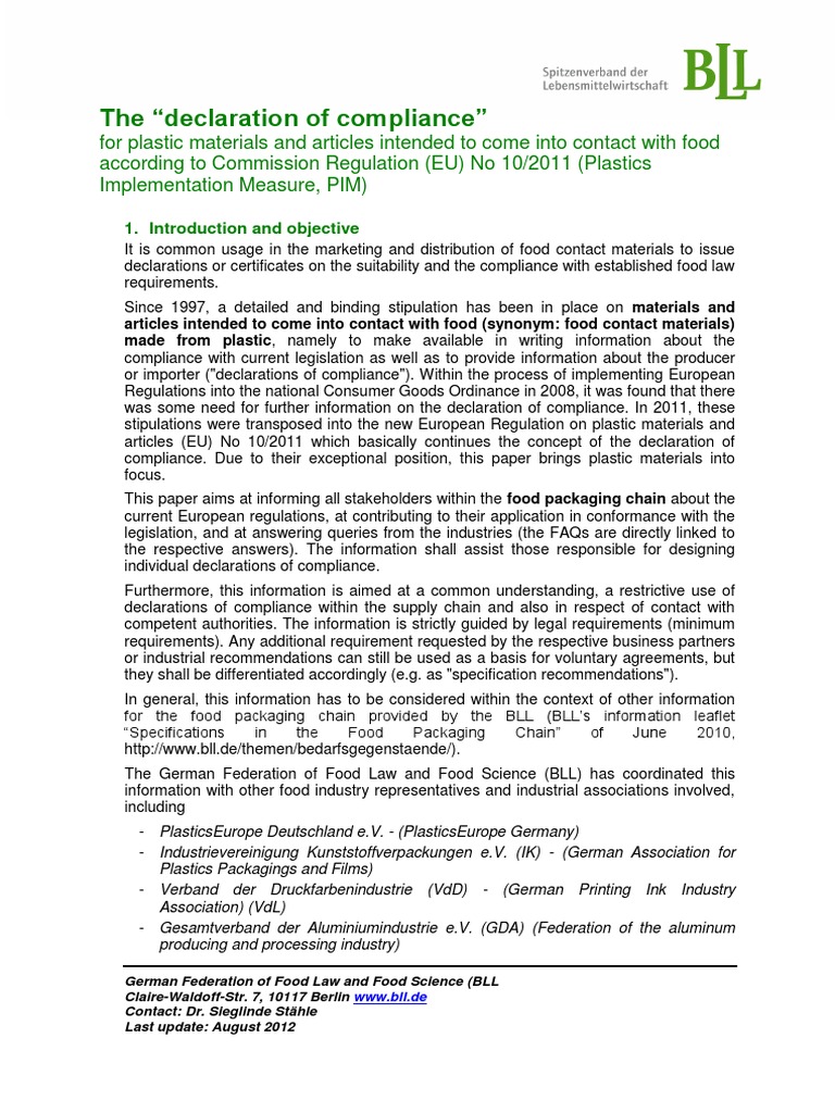 Compliance Declaration for Food Plastics | PDF | Packaging And Labeling ...