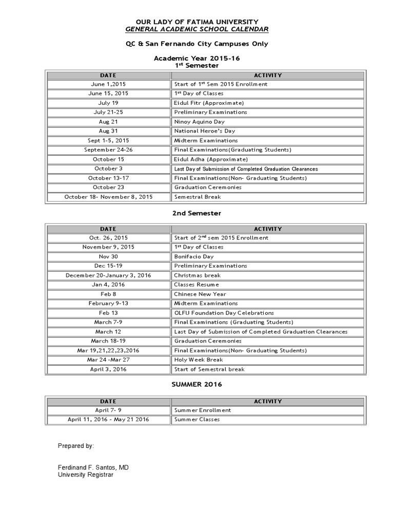 General Academic School Calendar Our Lady Of Fatima University