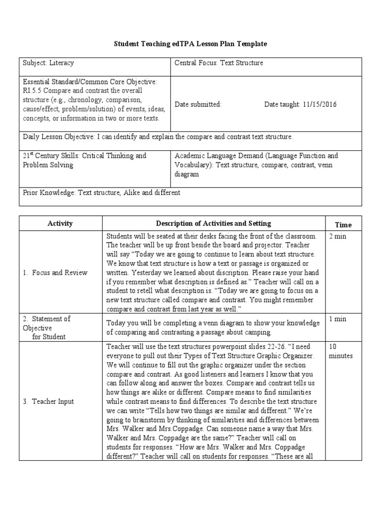 Student Teaching Edtpa Lesson Plan Template PDF Cognition Learning