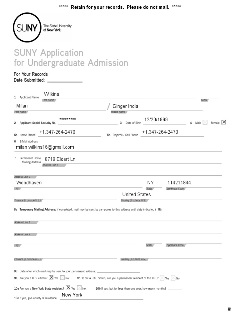 SUNY Application For Undergraduate Admission: For Your Records Date ...