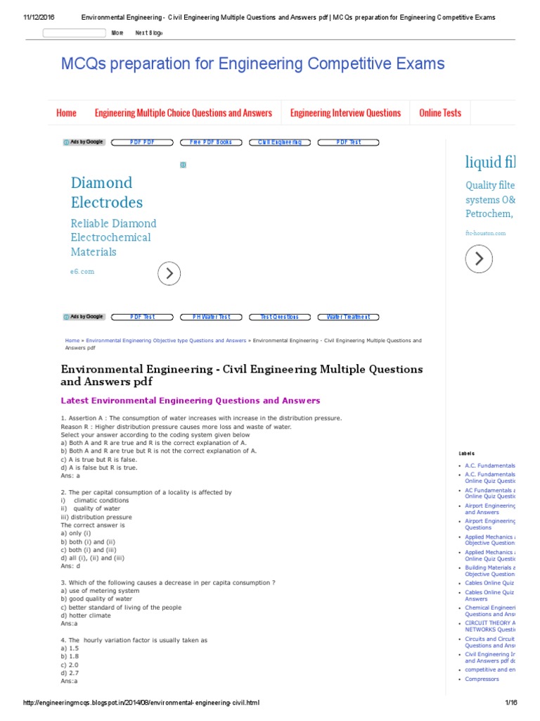 Environmental Engineering Civil Engineering Multiple Questions and
