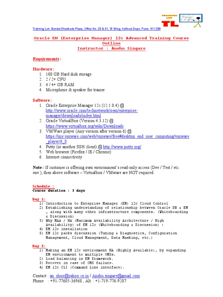 Oracle em 12c advanced training course outline pdf business