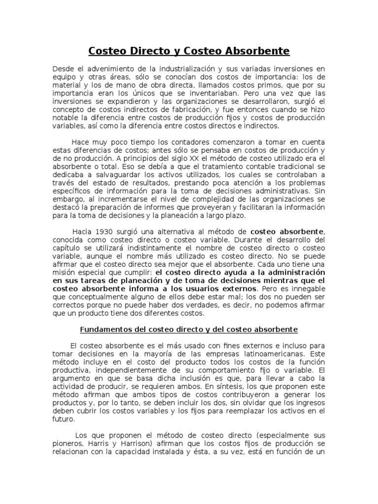Costeo Directo vs. Absorbente | PDF | Toma de decisiones | Inventario