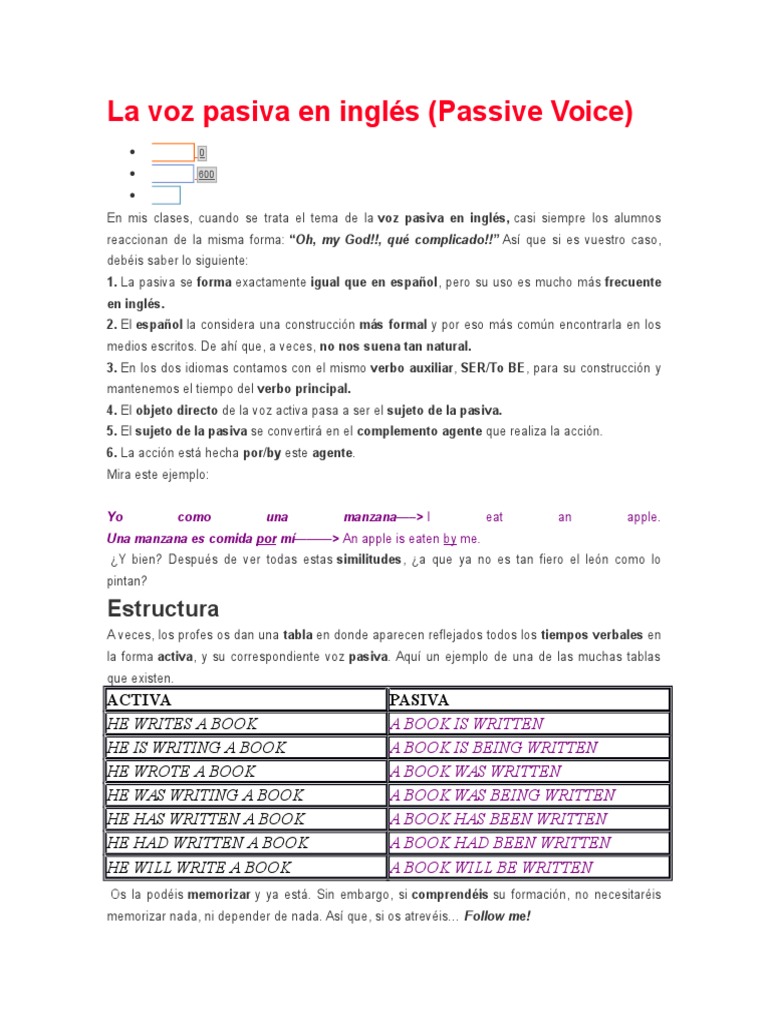 La Voz Pasiva en Inglés | PDF | Verbo | Asunto (gramática)