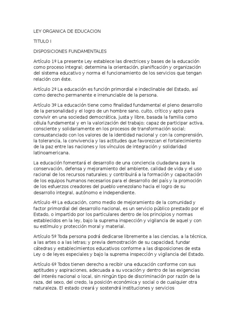 Ley Organica de Educacion Venezolana | PDF | Pensión | Jardín de infancia