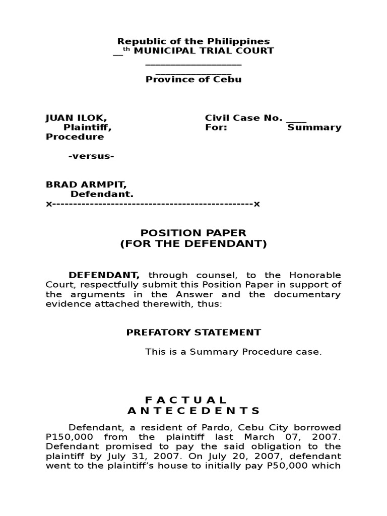 Position Paper Defense Sample PDF Lawsuit Summary Judgment