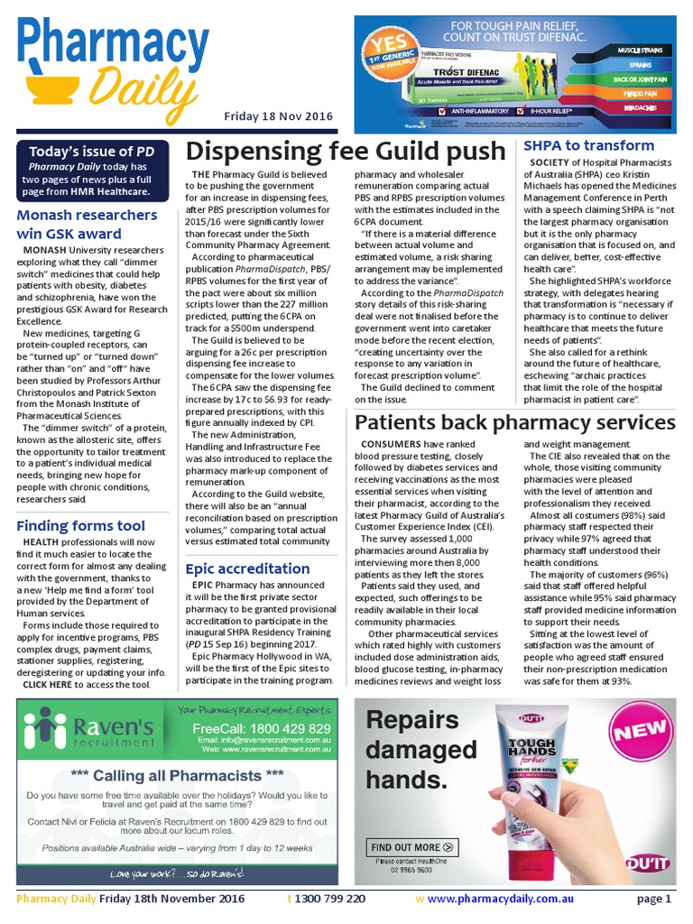 Pharmacy Daily For Fri 18 Nov 2016 Guild Push For Dispensing Fee Hike