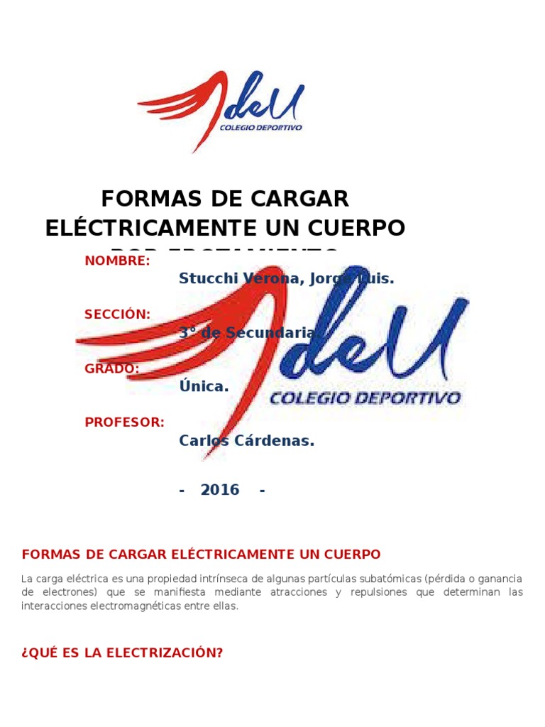 Formas de Cargar Eléctricamente Un Cuerpo PDF Electrostática Electrón