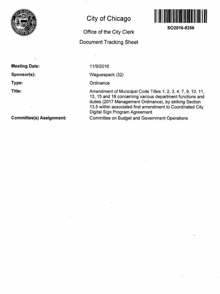 City of Chicago Office of The City Clerk Document Tracking Sheet PDF
