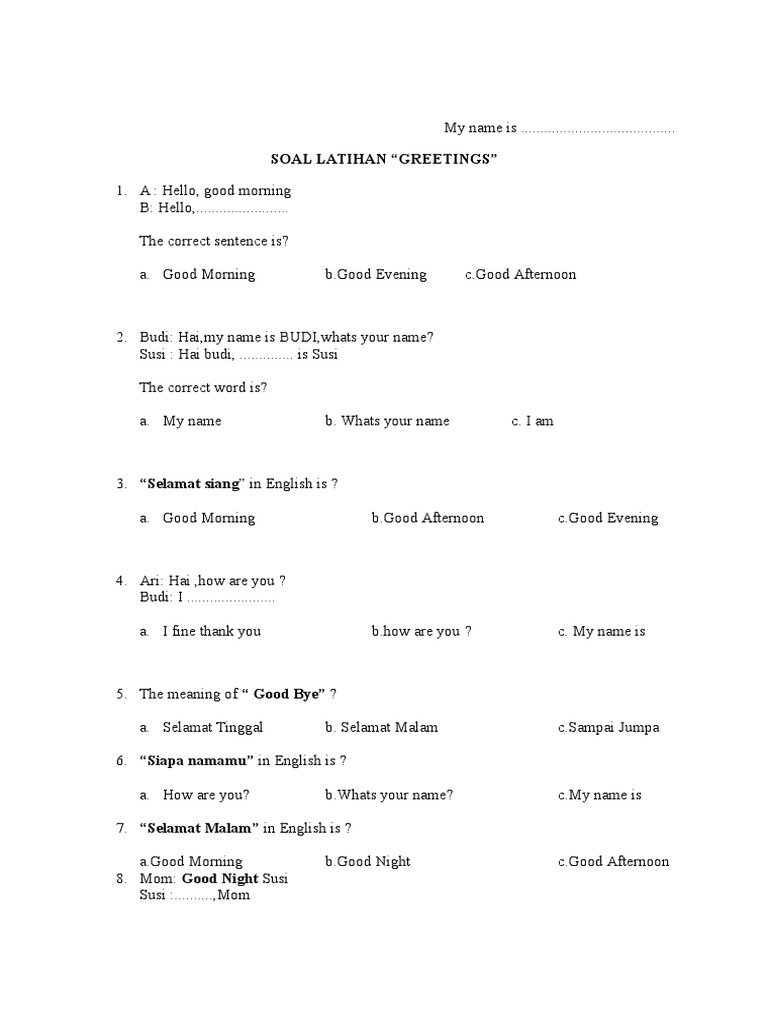 Soal Latihan bahasa inggris “Greetings”