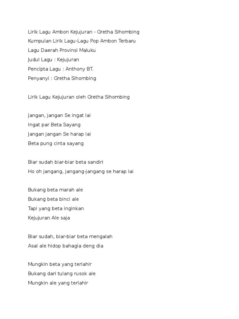 Lirik Lagu Ambon Kejujuran PDF