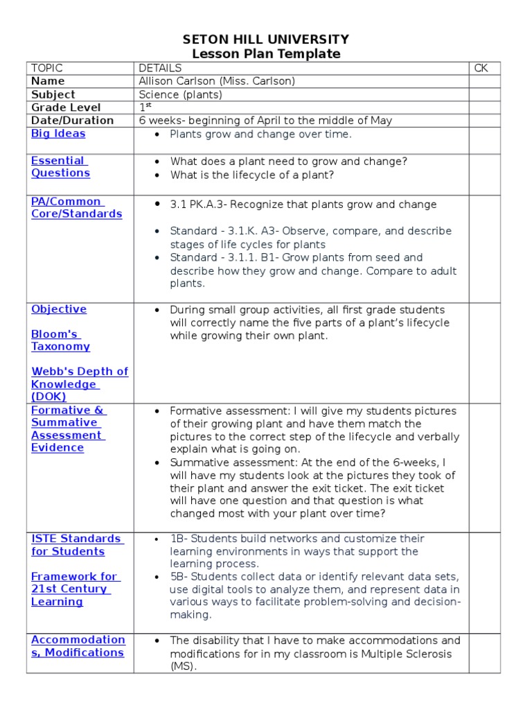 Seton Hill University Lesson Plan Template: Name Subject Grade Level ...