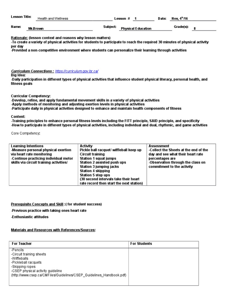 Physical Education Lesson Plan For Circuit Training Physical Education Curriculum