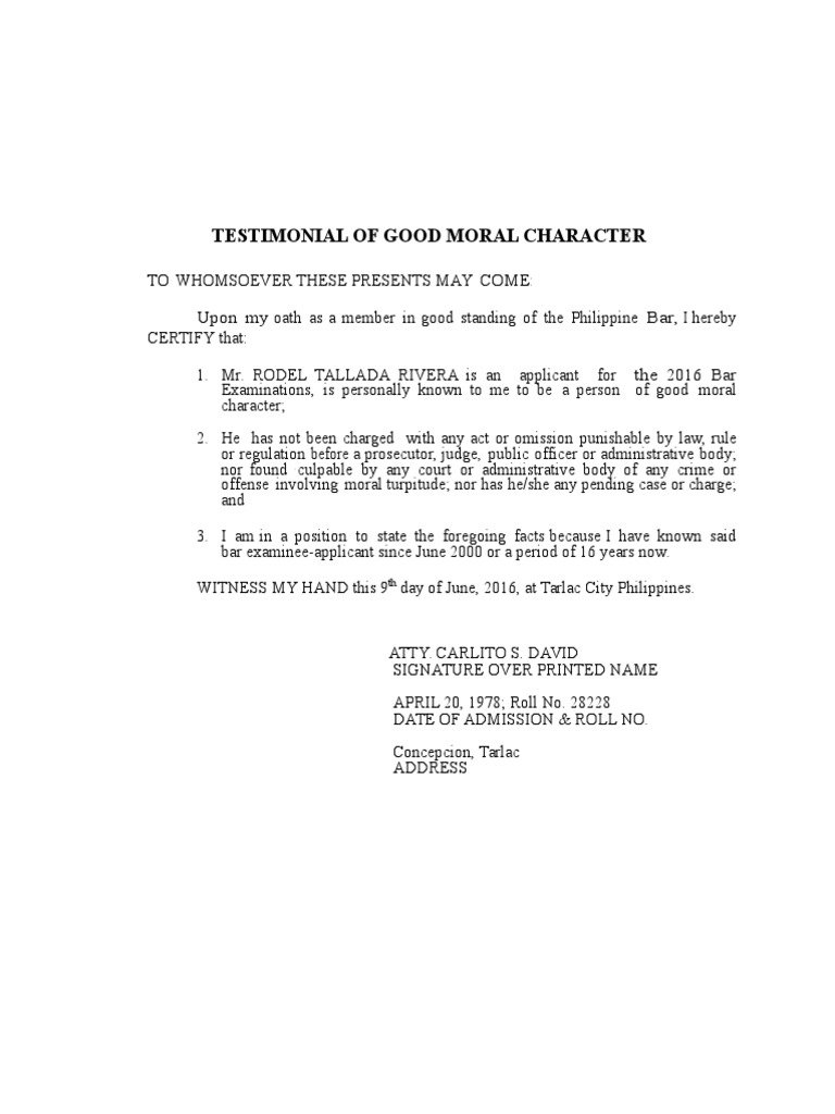 Bar 2016 Testimonial of Good Moral Character