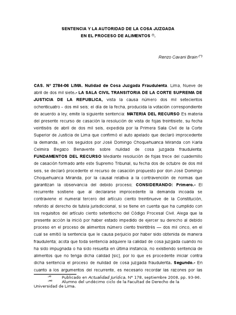 Sentencia y Cosa Juzgada en El Proceso de Alimentos | PDF | Res
