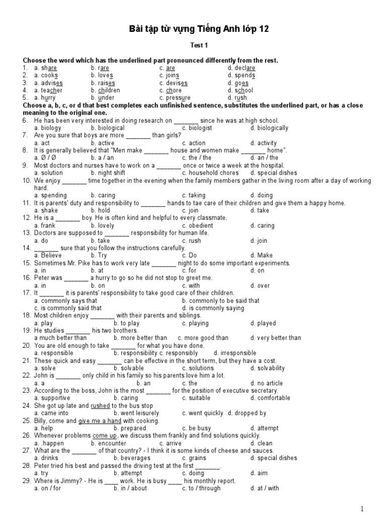 11 Bai Tap Tu Vung Tieng Anh Lop 12 | PDF | Academic Degree | Secondary ...