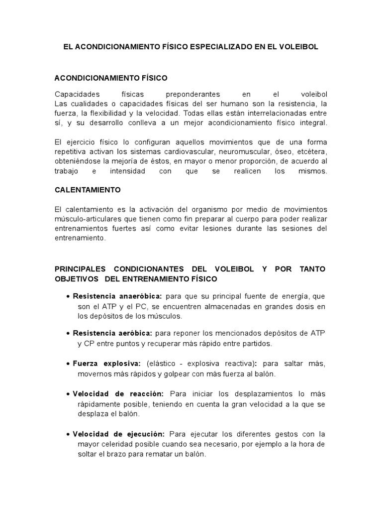 El Acondicionamiento Físico Especializado en El Voleibol PDF Músculo Vóleibol