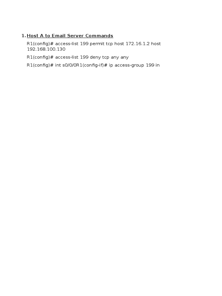 R1 config access list 199 permit tcp host 172 16 1 2 host 192 168