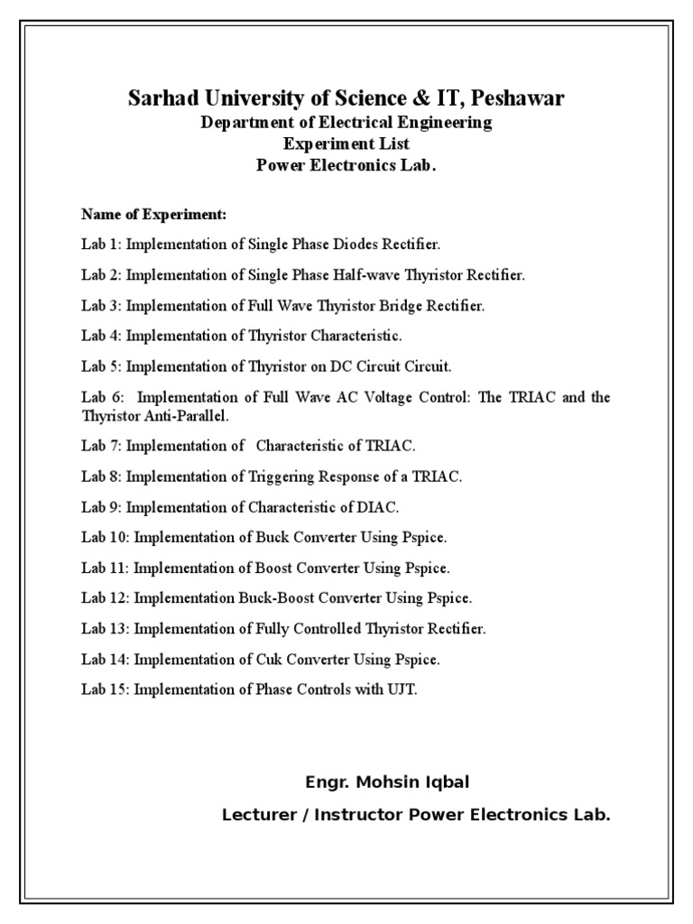 Power Electronics Lab Experiment List | PDF