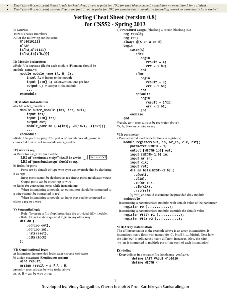 Verilog syntax cheat sheet answers