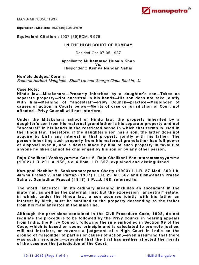 Muhammad Hussain Khan V Kishva Nandan Sahai Concurrent Estate Lawsuit