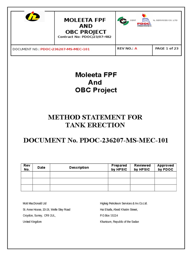 Tank Erection Method Statement | PDF | Welding | Construction