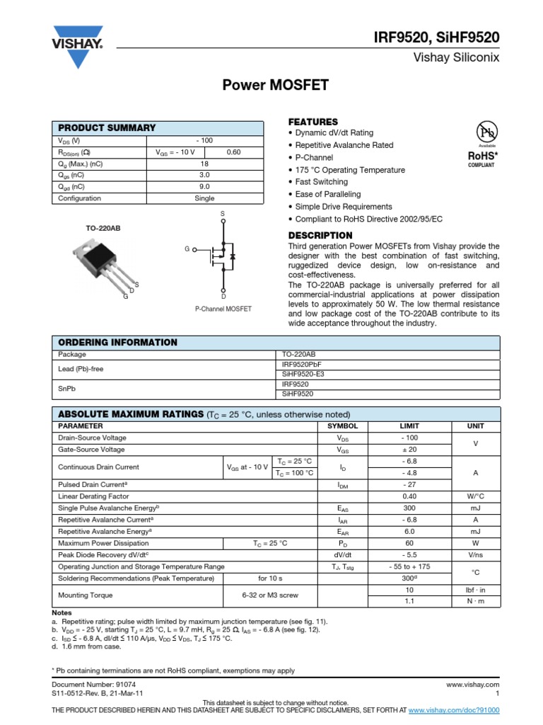 IRF9520 PMOS Complementario A IRF520 | PDF | Field Effect Transistor ...