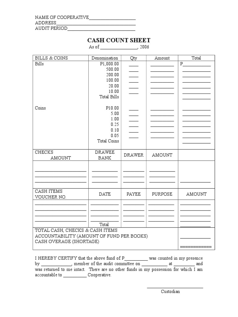 Cash Register Count Sheet Template Cash Drawer Count Sheet Fill