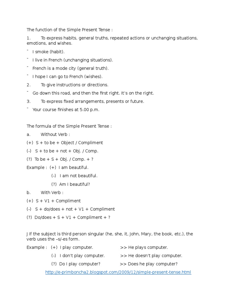 The Function Of The Simple Present Tense Verb Subject Grammar