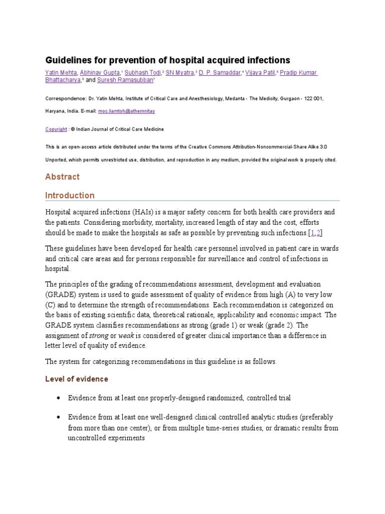 Guidelines For Prevention of Hospital Acquired Infections | PDF ...