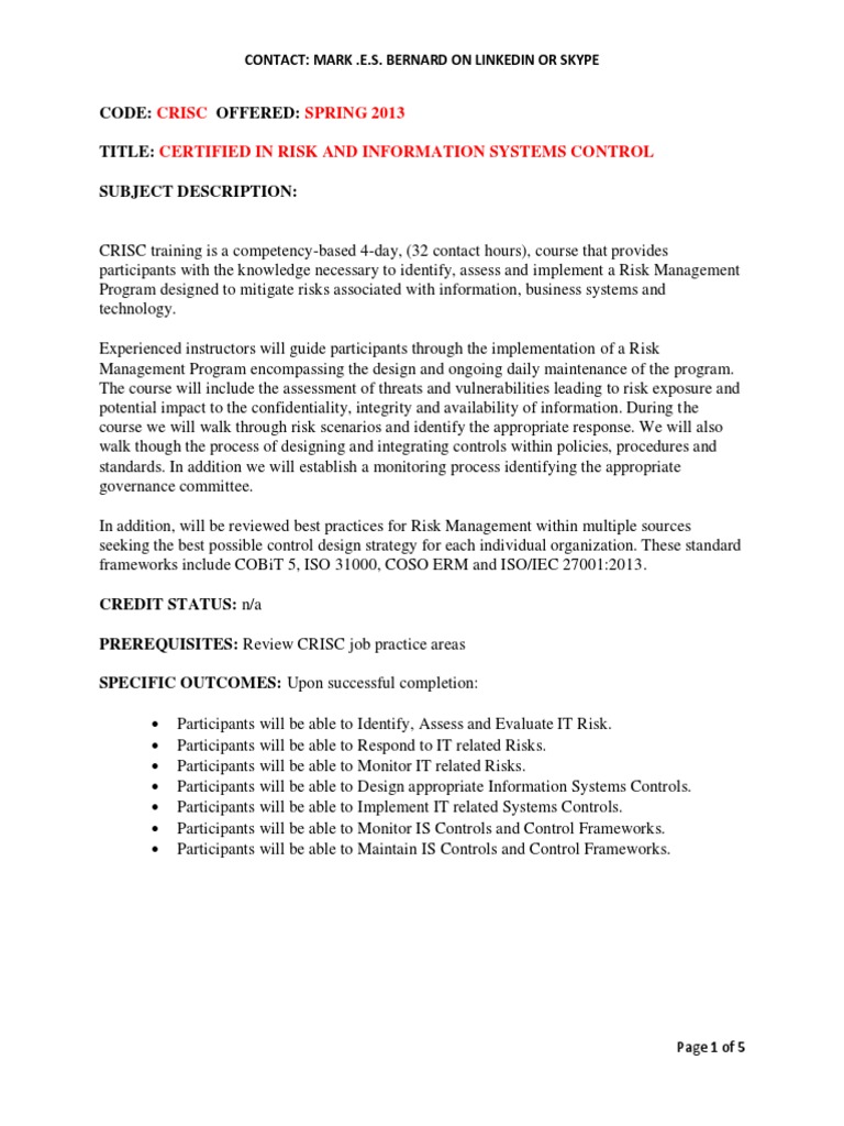 CRISC Risk Management Training Course | PDF | Risk | Business Process
