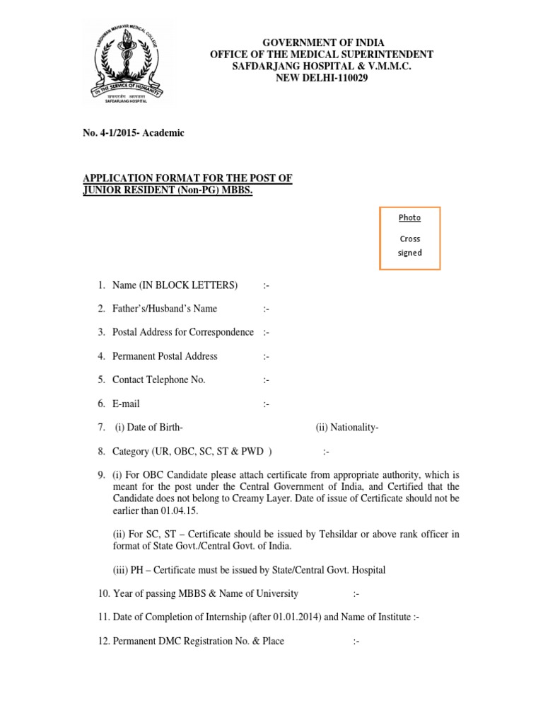 Government of India Office of The Medical Superintendent Safdarjang ...