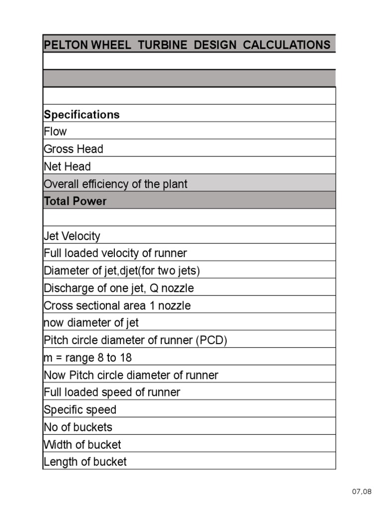 Pelton Wheel Turbine Design Calculations | PDF | Technology & Engineering