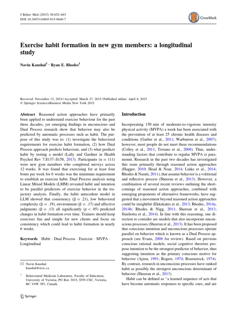 Exercise Habit Formation In New Gym Members A Longitudinal Study Habits Multilevel Model