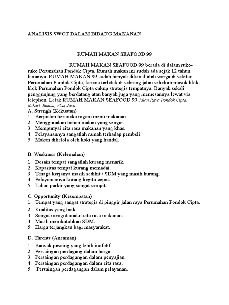 Analisis Swot Dalam Bidang Makanan Sea Food Pdf