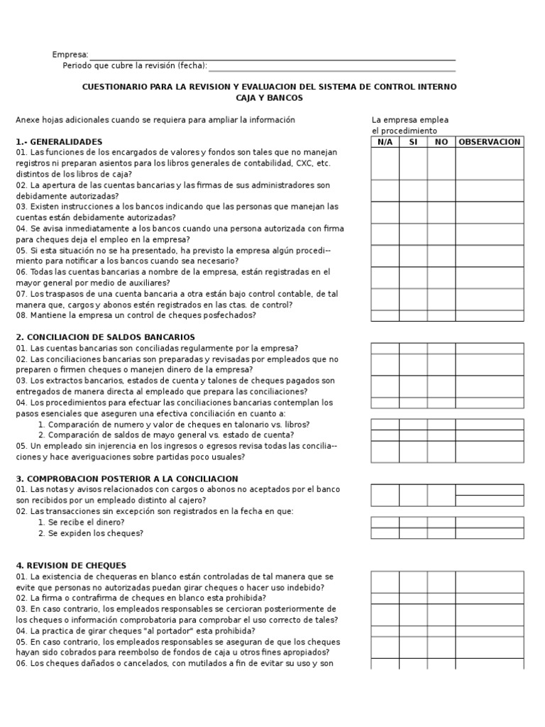 Cuestionario de Control Interno: Caja y Bancos | PDF | Cheque | Bancos