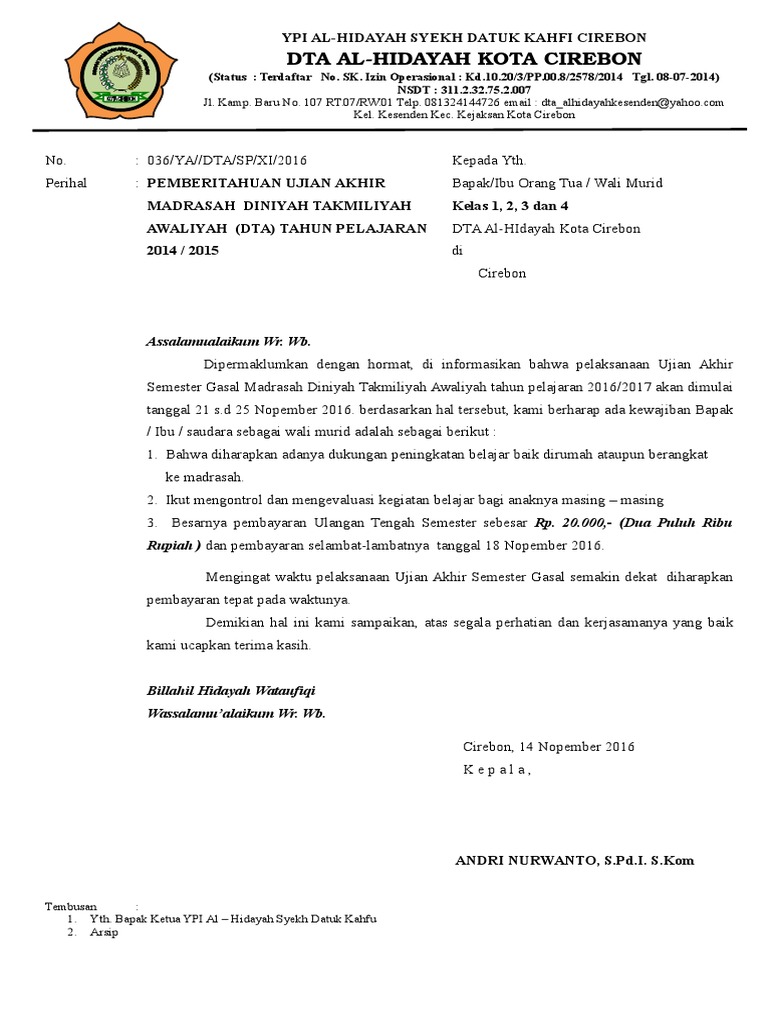 Surat Pemberitahuan Uas Dta Kelas 6