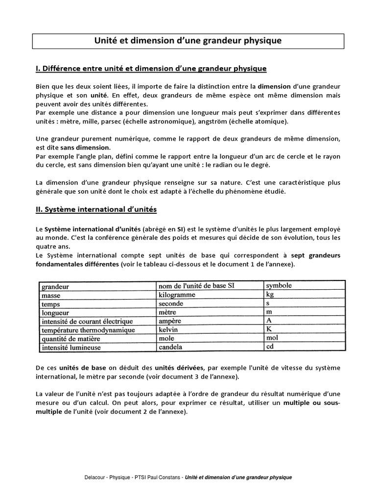 Unit Et Dimension D Une Grandeur Physique | PDF | Dimension | Système ...