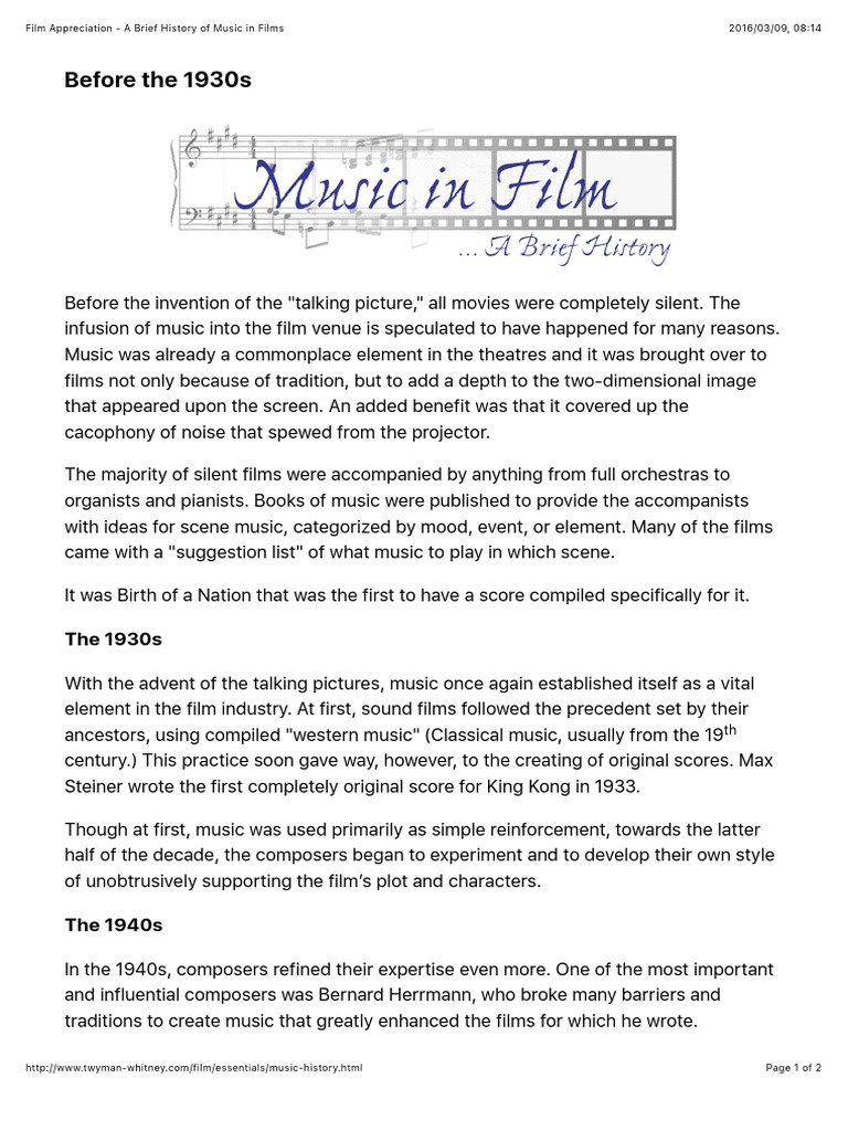 Film Appreciation A Brief History of Music in Films