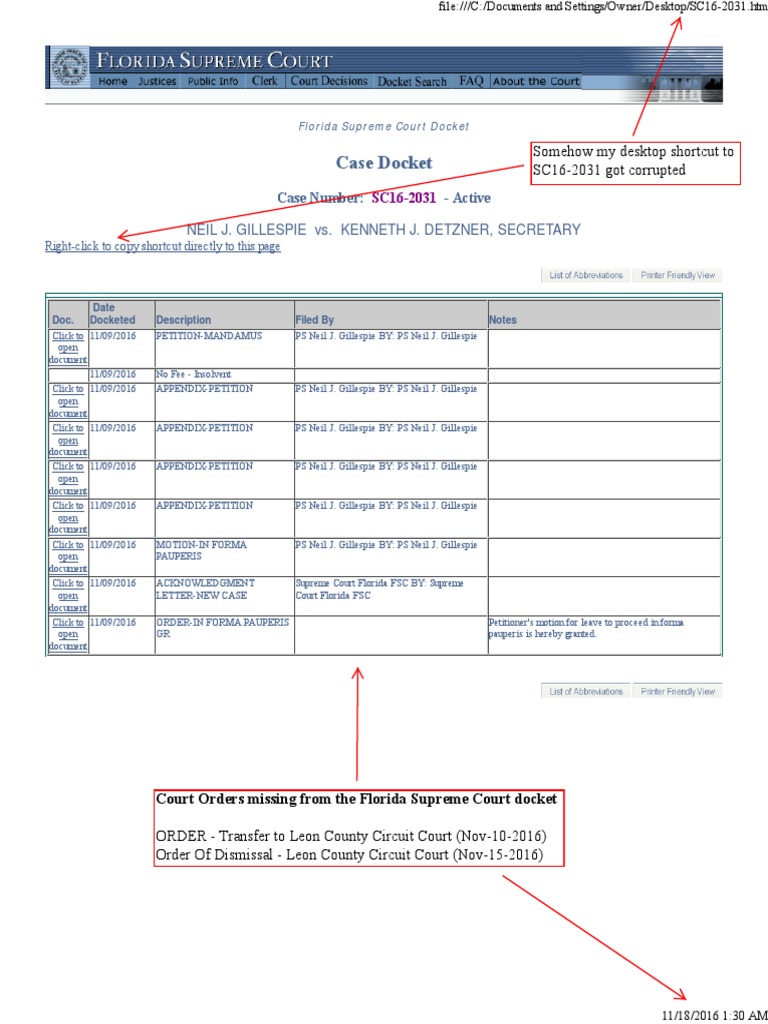 Court Orders Missing From Florida Supreme Court Docket Sc16 2031