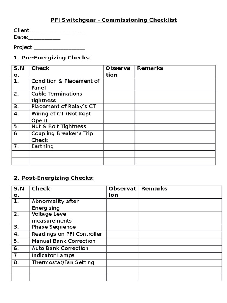 PFI Switchgear Commissioning Checklist | PDF