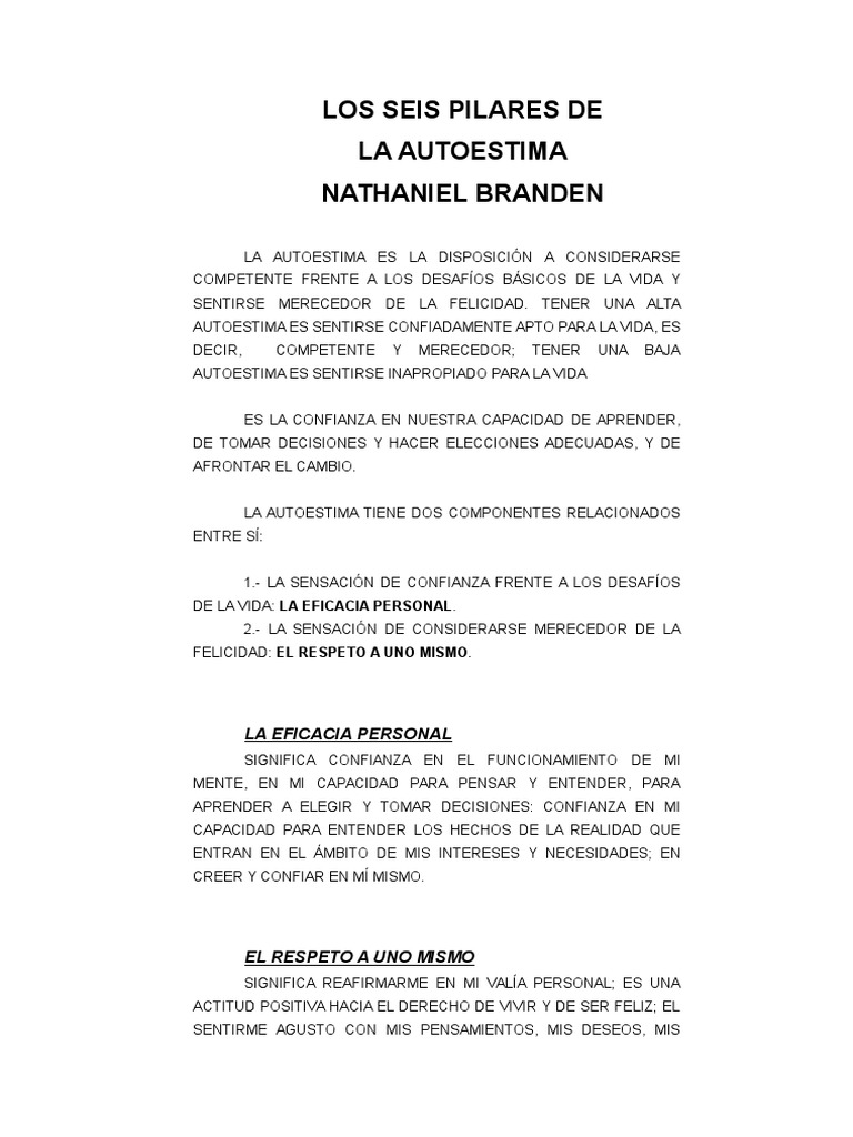 Pilares de la Autoestima según Branden | PDF | Relaciones personales ...