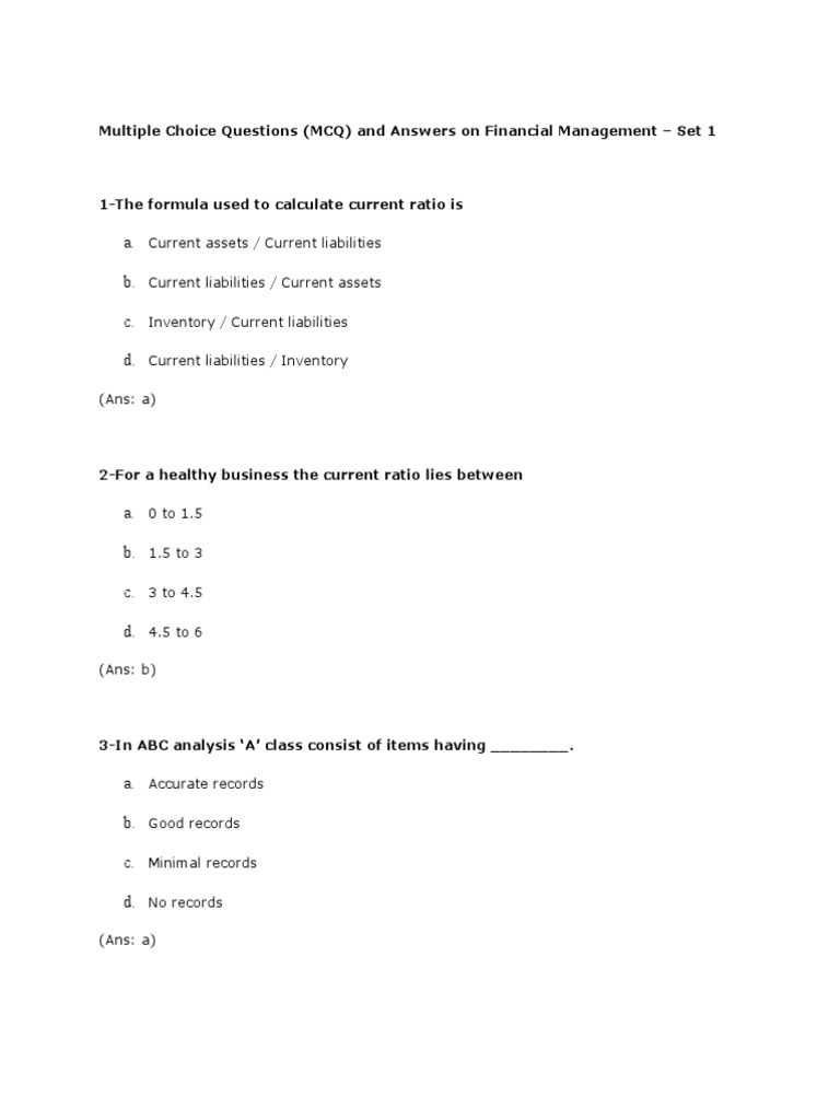 Financial Management MCQs and Answers | PDF | Multiple Choice | Inventory