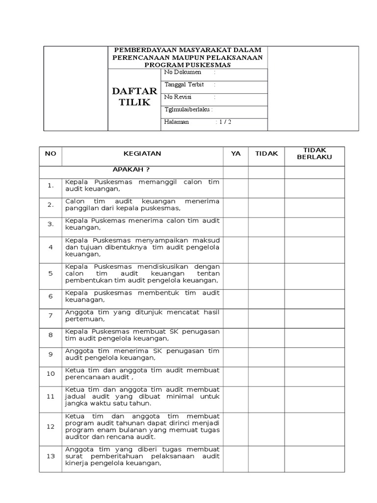 Daftar Tilik Audit Penilaian Kinerja Pengelola Keuangan