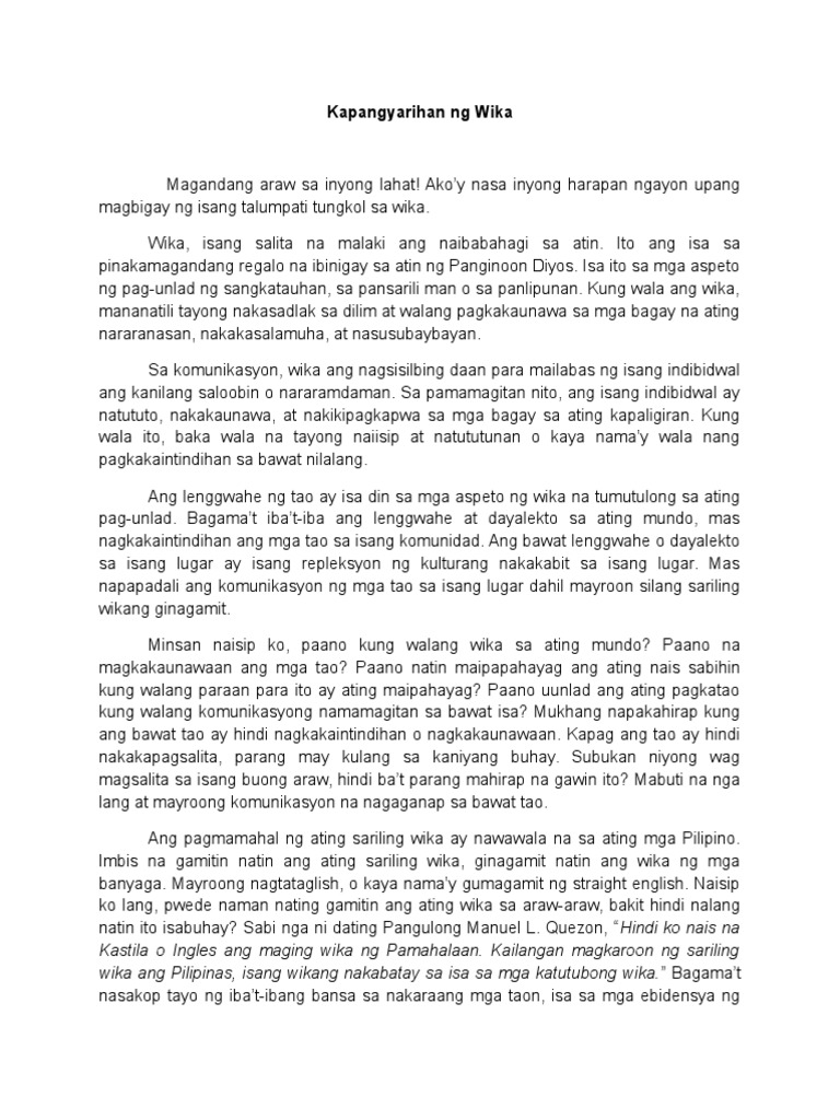 Talumpati Tungkol Sa Wika  College