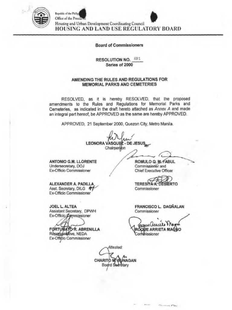 R681s2000 Amending the Rules and Regulations Memorial Parks and