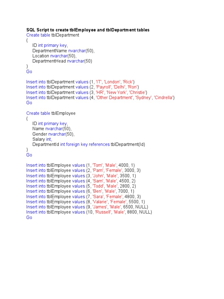 SQL Script To Create Tblemployee and Tbldepartment Tables | PDF