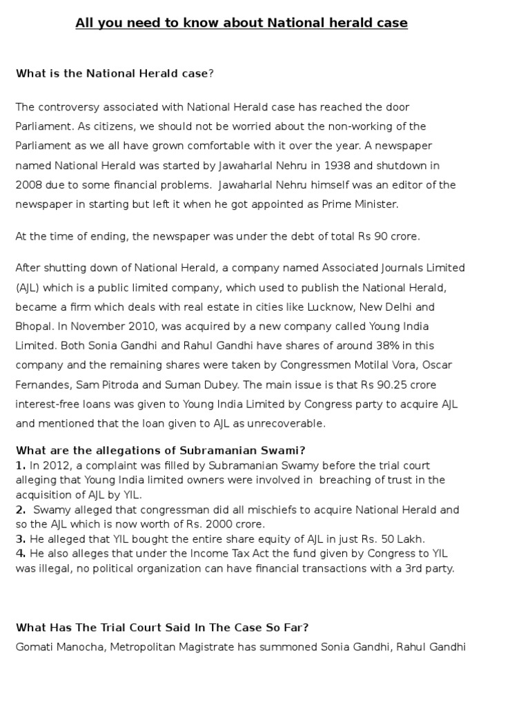 All You Need To Know About National Herald Case PDF Judiciaries