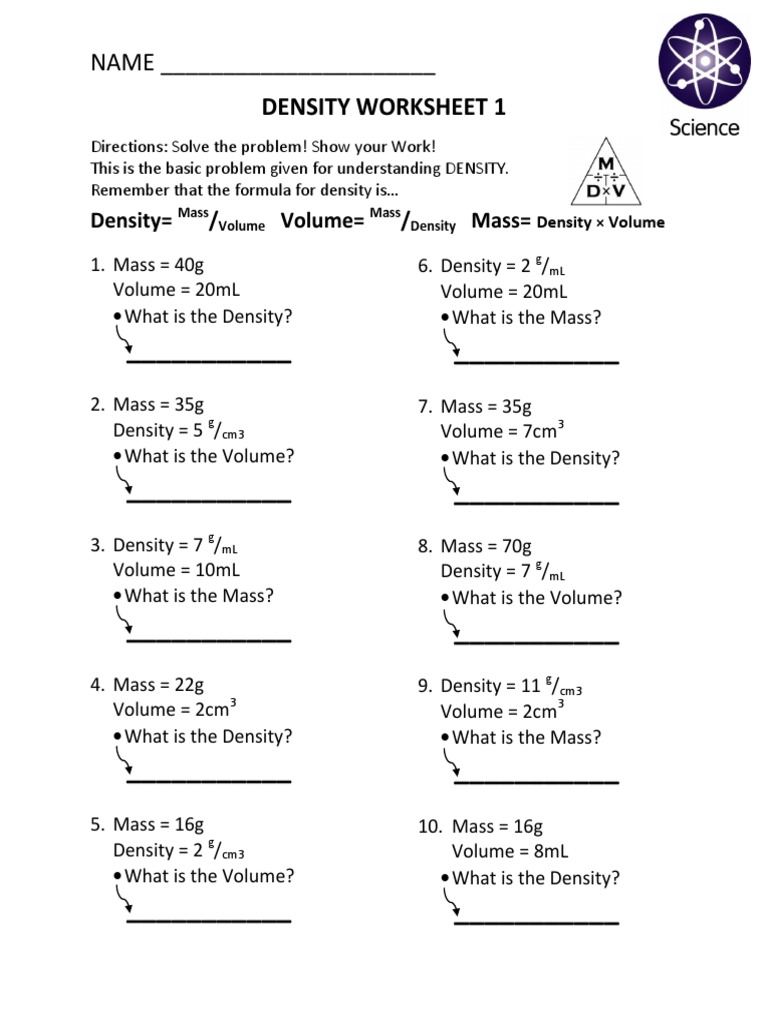 Density Worksheet Pdf With Answers